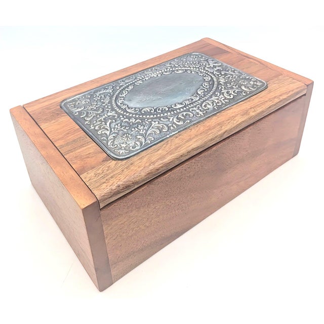 Late 20th Century Late 20th Century Handcrafted Wood Jewelry Box With Decorative Sterling Silver Plaque For Sale - Image 5 of 14