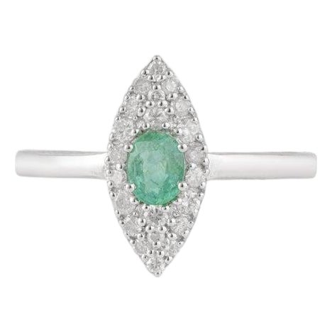 Oval Cut Emerald & Diamond Pavé Cocktail Ring in 925 Sterling Silver, Size 7.5 For Sale