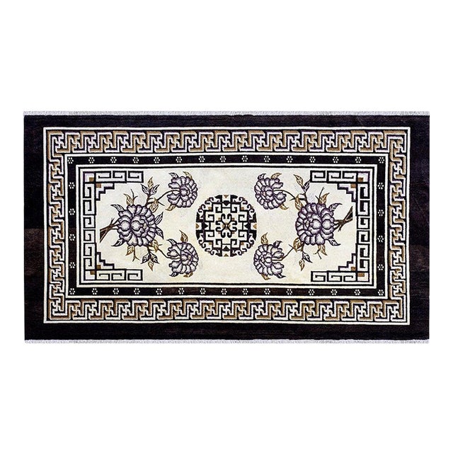 1920s White Medallion Antique Chinese Baotou Hand Knotted Rug 5' X 8' 10" Wool Carpet For Sale