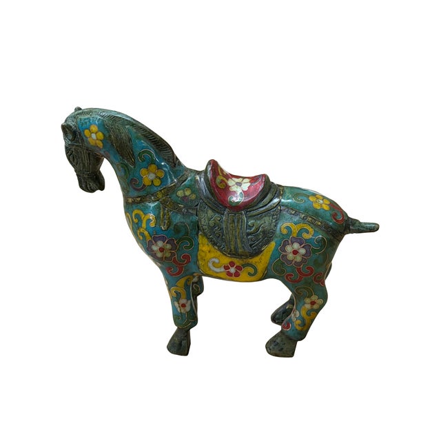 Chinese Vintage Chinese Turquoise Blue Flower Cloisonné Enamel Horse Statue For Sale - Image 3 of 12
