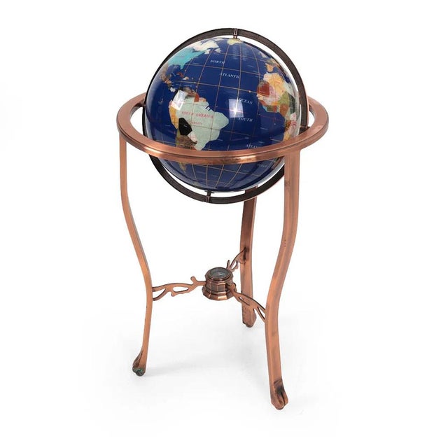 Gem Floor Globe on Copper Stand Semi Precious Lapis Stone For Sale - Image 4 of 17