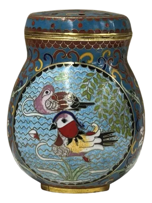 Teal Turquoise Metal Cloisonné Birds Flower Enamel Round Box Jar
