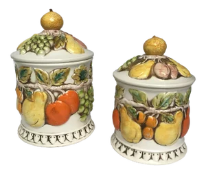 Vintage Green and Orange Lidded Mid-Century Canisters - a Pair