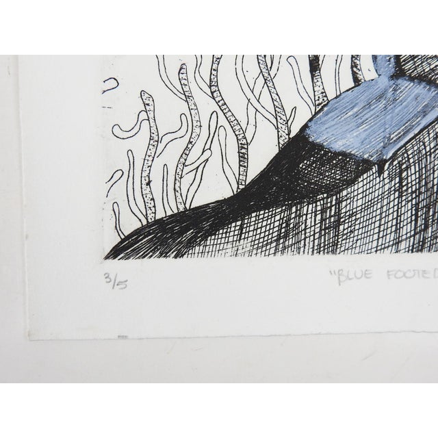 2002 etching on paper of abstract bird. Signed Melissa Gustafson, titled "Blue Footed Booby", dated and numbered 3/5 in...