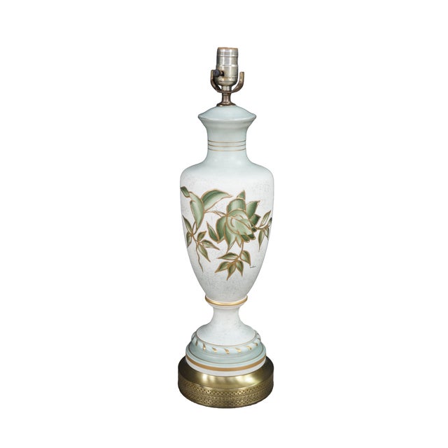 Mid-Century Modern Vintage Mid 20th Century Hand Painted Porcelain Floral Trophy Urn Table Lamps Filigree Brass - Pair For Sale - Image 3 of 17