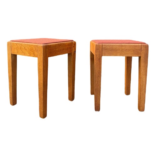 Danish Oak Stool with Red Seat For Sale