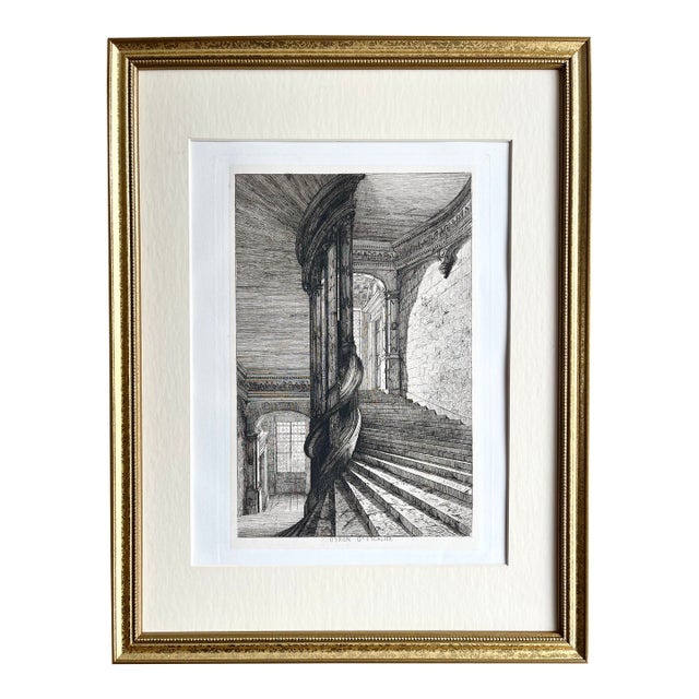 Antique 19th Century French Etching of Chateau Châteaux D' Oiron Staircase Architectural Detail For Sale