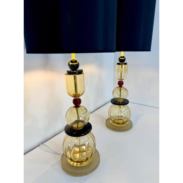 Glass Italian Amber, Burgundy and Black Murano Glass Table Lamps, 2000s, Set of 2 For Sale - Image 7 of 14