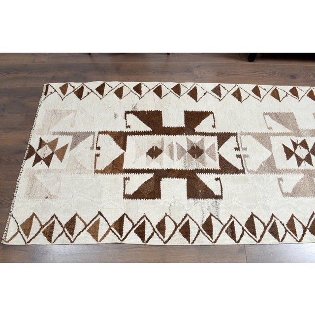 1970s Vintage Handmade Wool Cotton Beige Brown Runner Rug For Sale In San Francisco - Image 6 of 11