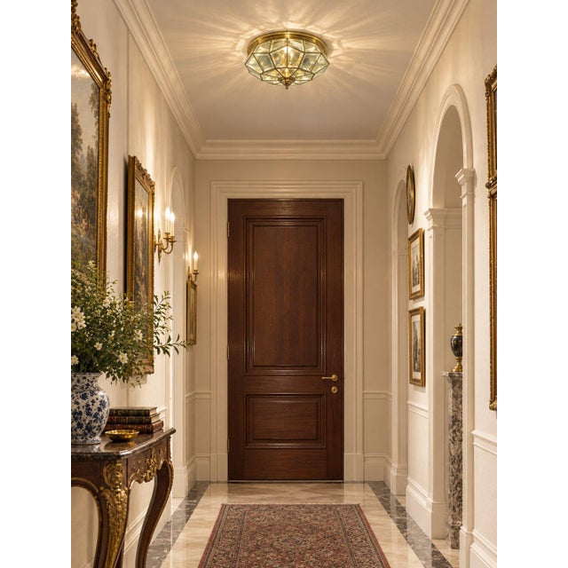 Late 20th Century Italian Regency Brass Beveled Glass 6-Light Flush Mount For Sale - Image 9 of 9