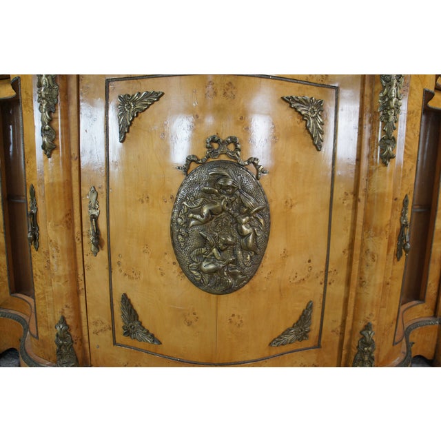 Vintage French Empire Style Birdseye Maple Ormolu Sideboard Display Cabinet 69" For Sale - Image 12 of 14