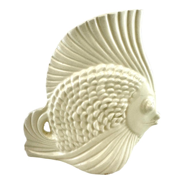 Vintage Mid-Century Japanese White Ceramic Angelfish Vase For Sale