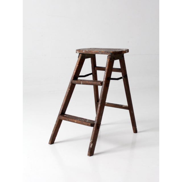 Brown Antique Wood Step Ladder Stool For Sale - Image 8 of 15