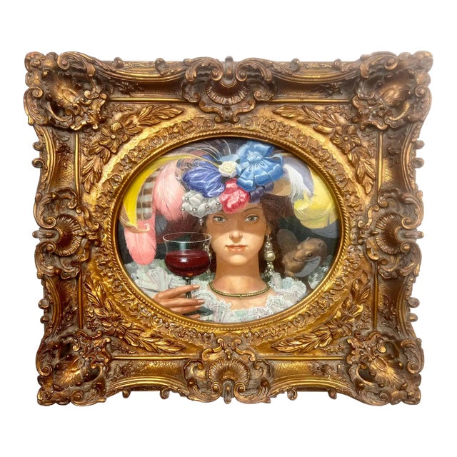 Romantic Belle Époque Portrait of a Lady in Gilded Rococo Frame Print on Canvas 1990's For Sale