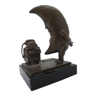 Sergio Bustamante Mexico Bronze Sculpture Moon in Love Waiting on Phone Call For Sale