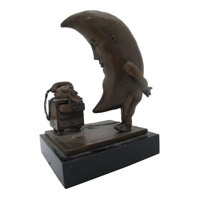 Sergio Bustamante Mexico Bronze Sculpture Moon in Love Waiting on Phone Call For Sale