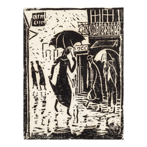 Irene AwretWoodblock Print Polish Israeli Artist Azriel Awret Rainy Street Jerusalem Israel