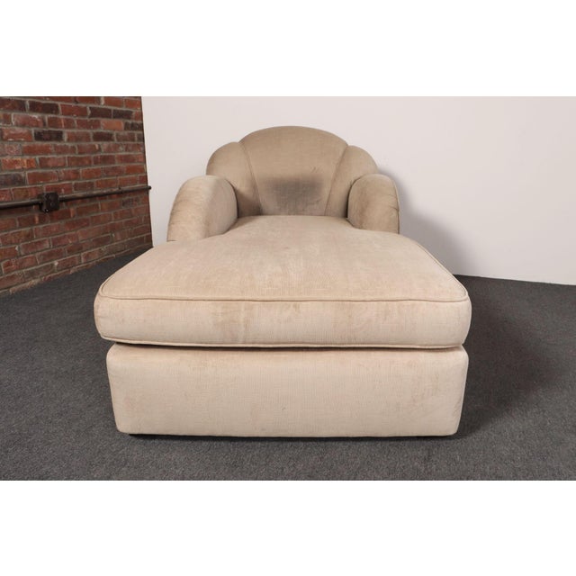 Vintage Art Deco-Style Chaise Lounge in Taupe Chenille With Ebonized Plinth Feet For Sale - Image 4 of 18