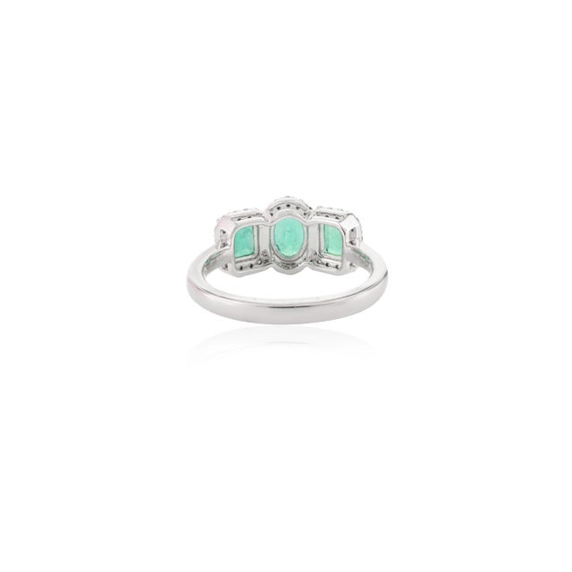 Metal Natural Three Stone Emerald Halo Diamond Wedding Ring Size 7 in 14k White Gold For Sale - Image 7 of 13