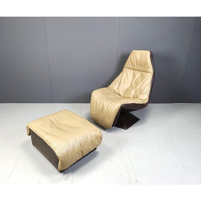 Set of Vintage Leather Swivel Chair and Ottoman, 1970s For Sale - Image 12 of 12