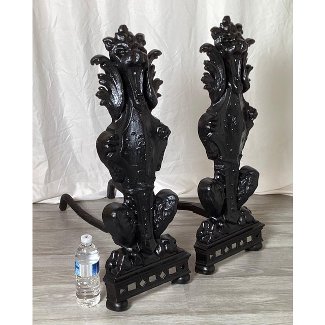 Metal Circa 1900 Pair Of Lion Motif Andirons For Sale - Image 7 of 9