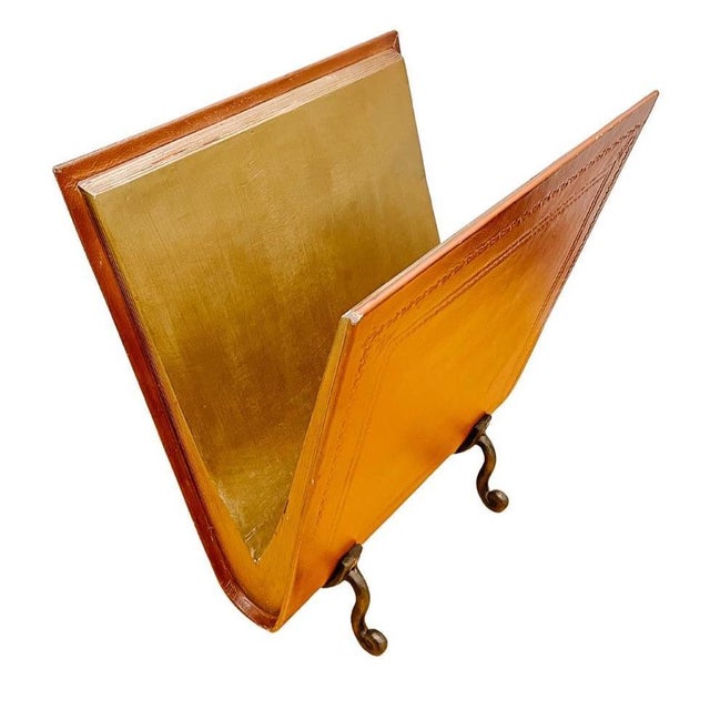 1970s 1970s Italian Florentine Trompe l'Oeil Leather Book Magazine Rack With Gilt Edges & Scroll Feet For Sale - Image 5 of 11