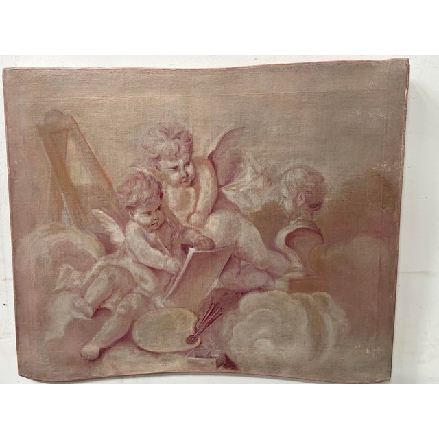 Pair of unframed oil paintings on canvas Depicting a group of putti on a cloud Good condition Dimensions: H 75 x W 92 x D...