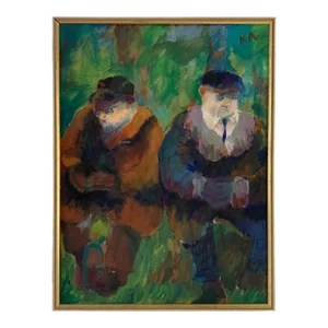 1967 Richard Amend Impressionist Acrylic Painting on Board of Two Men Seated