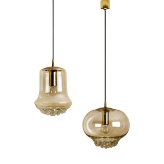 Smoked Brown Glass & Brass Pendant Lights from Peill & Putzler, 1960s, Set of 2 For Sale