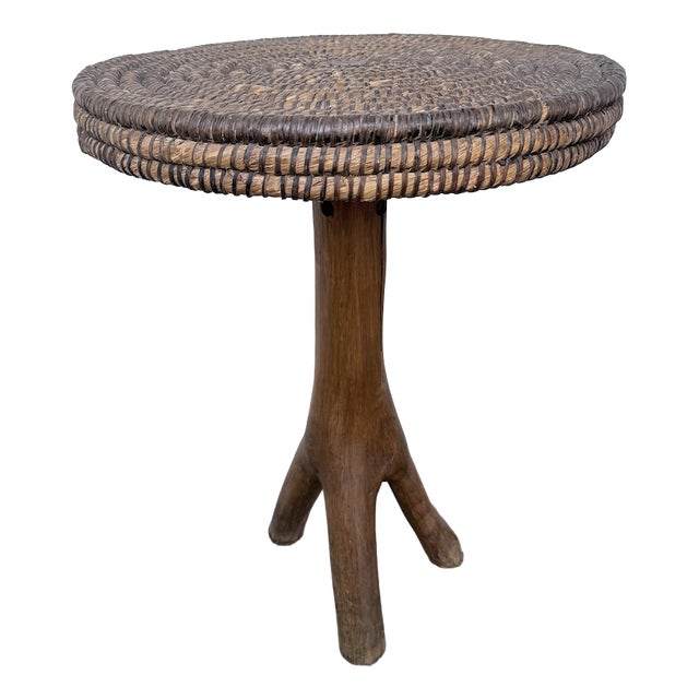 Folk Art Tripod Stand in Woven Straw, 1950s For Sale