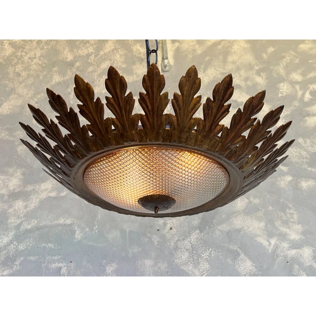 Ornate Spanish Flush Mount Ceiling Fixture With Textured Glass For Sale - Image 10 of 13