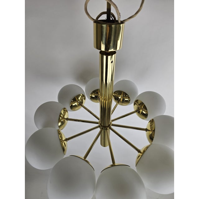 Chandelier with 10 Milky White Glass Balls and Brass Fitting from Kaiser-Leuchten, 1970s For Sale - Image 9 of 12
