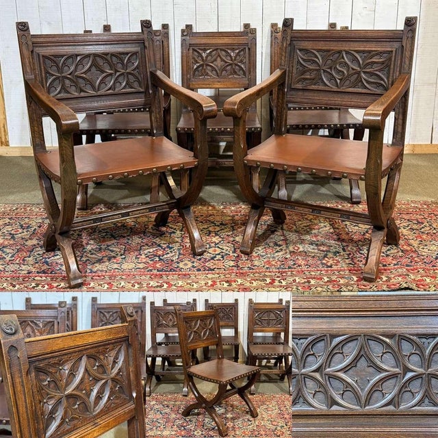 Set of 6 chairs and 2 armchairs in oak and leather with Gothic decoration, circa 1930 - Chair: W=56cm D=54cm H=94cm Seat...