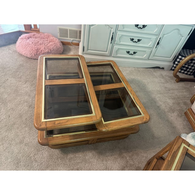 Art Deco 1980s Articulating Oak & Smoked Glass Swivel Coffee Table For Sale - Image 3 of 7