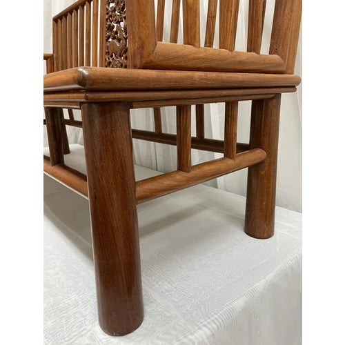 Brown 20th Century Chinese Huanghuali Ming Style Settee Carved Qilin + Cloud + Gourd For Sale - Image 8 of 12