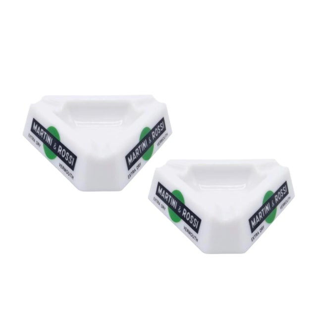 A pair of French Martini & Rossi triangular ashtrays. White opalex is branded Martini & Rossi Extra Dry Vermouth on each...