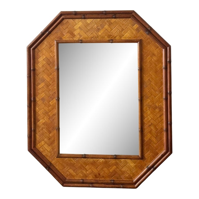Octagonal Parquetry Wood Framed Wall Mirror, Late 20th Century For Sale