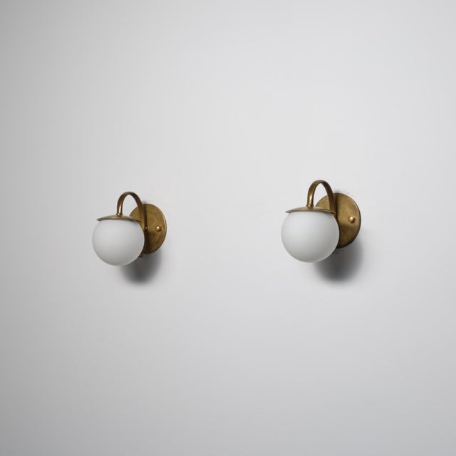 Vintage Italian Wall Sconces in Brass and Opaline Glass, 1950s, Set of 2 For Sale - Image 9 of 10