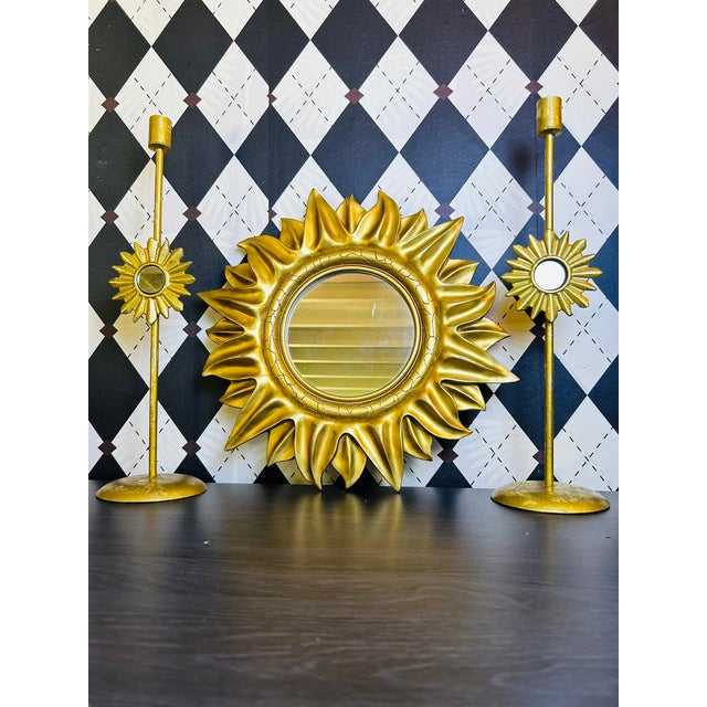 Wood 1970s Midcentury Modern Gold Sunburst Wall Mirror, Hollywood Regency-Style , 15" For Sale - Image 7 of 18