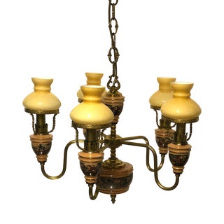 Antique Brass Ceramic Glass Five Lights Chandelier, 1930s For Sale