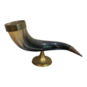 Large Drinking Horn Sculpture on Brass Stand