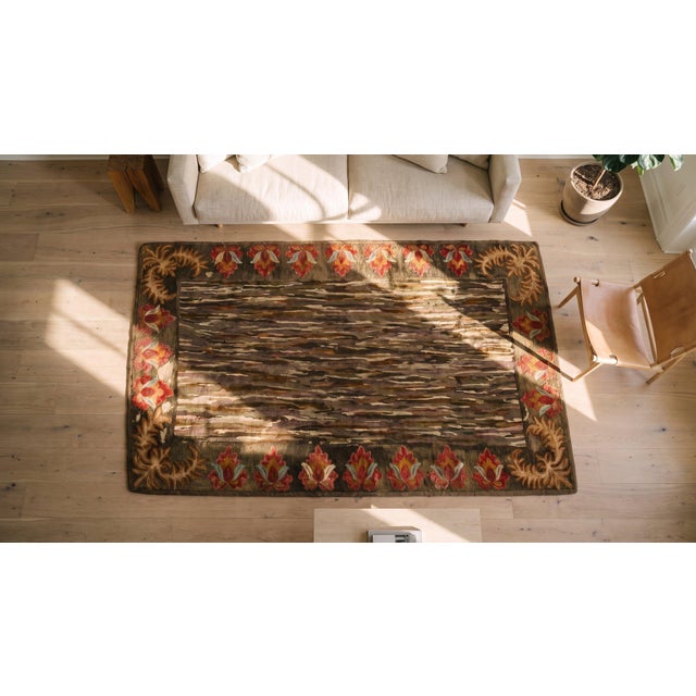 Pretty Sienna-Brown Background With Detail of Folk Art Styles in a Strie Pattern Antique American Hooked Rug For Sale - Image 12 of 13