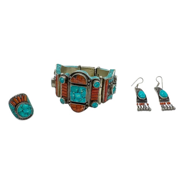 Vintage Moroccan Tribal Turquoise & Coral Jewelry Set, Cuff , Ring , Pair of Earrings (4 PCS For Sale