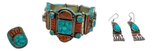 Vintage Moroccan Tribal Turquoise & Coral Jewelry Set, Cuff , Ring , Pair of Earrings (4 PCS