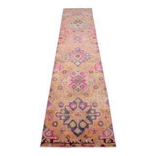 1960s Runner Rug Turkish Hand-Knotted Rug Pink Hallway Decor Kitchen Runner 3x12 Ft Approx For Sale