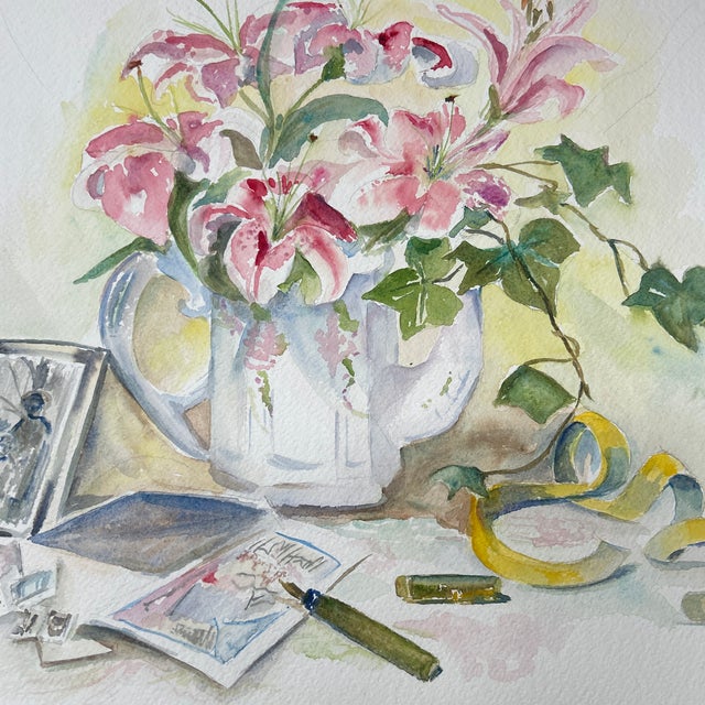 1980’s original impressionist pink lilies still life watercolor painting on uneven edge paper. Measures approximately...