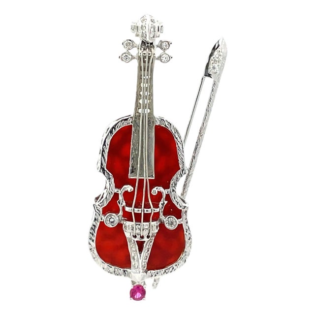 18k White Gold Violin Brooch 15.36 Carat Carnelian, Diamonds & Ruby For Sale