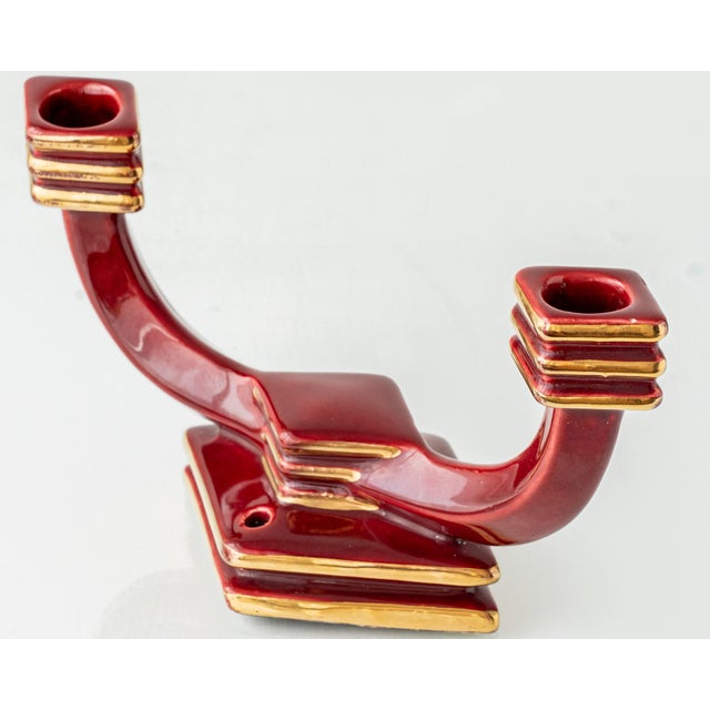 Art Deco Oxblood Burgundy Ceramic Double Candlestick, France, 1930s For Sale - Image 6 of 13