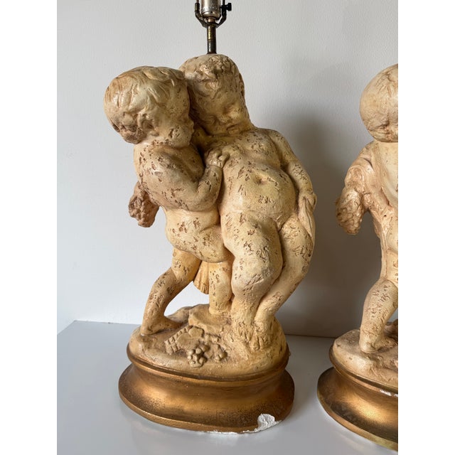 Figurative Vintage French Cherub – Baroque Revival Putti Sculptures on Gilt Bases Table Lamps - a Pair For Sale - Image 3 of 12