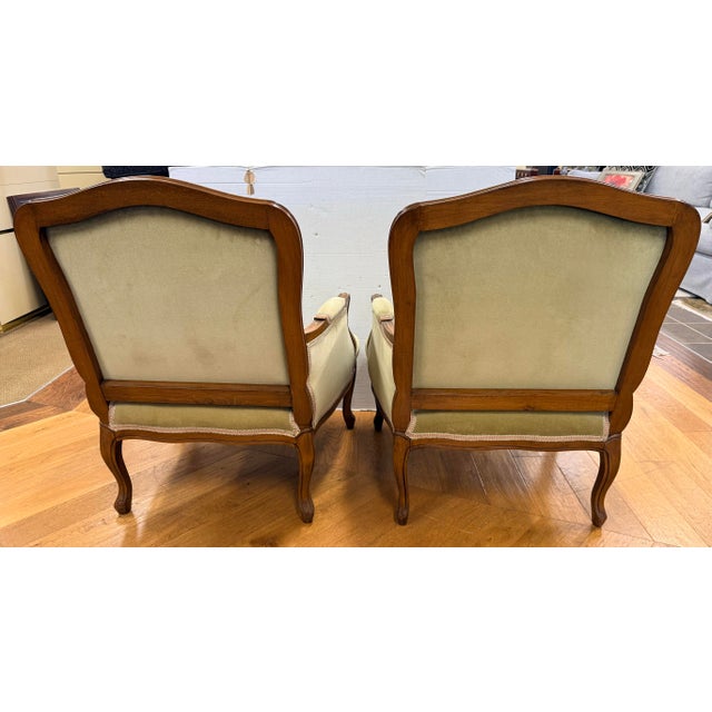 Late 20th Century Pair of Green Velvet Upholstered French Bergeres Armchairs For Sale - Image 5 of 7